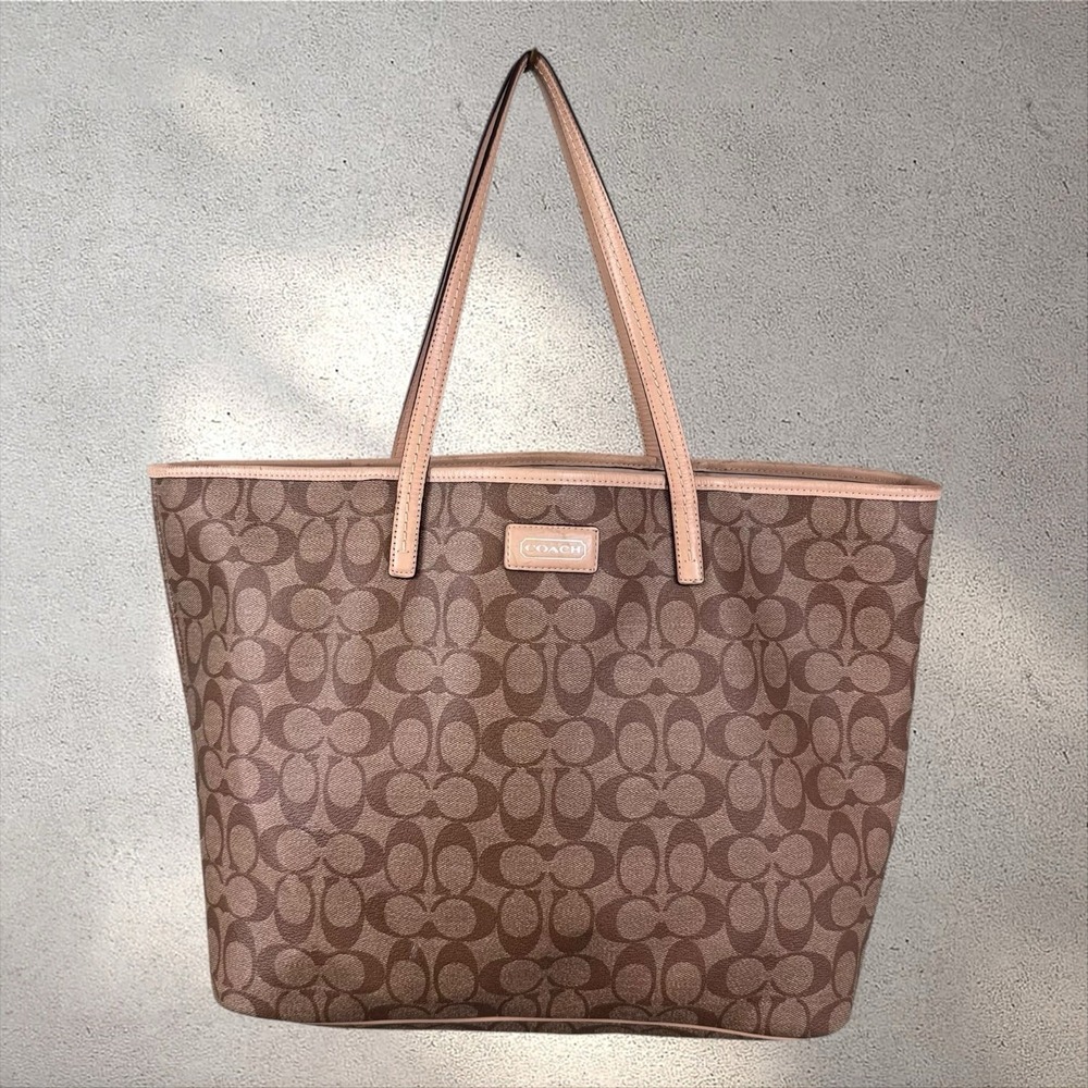 Coach City Tote Bag Logo Tan Coated Canvas Beige Brown Leather F27393